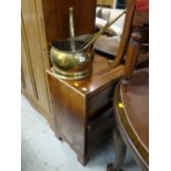 A brass helmet shaped coal scuttle & brass fire irons together with a three-drawer bedside chest