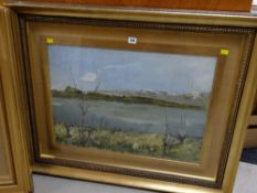 A good framed oil on canvas estuary scene with mountains & trees