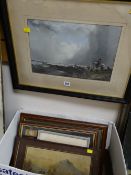Framed watercolour of figures by the sea shore & a box of framed pictures