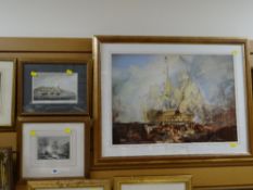 A framed print commemorating the Battle of Trafalgar AFTER J M W TURNER & two further nautical