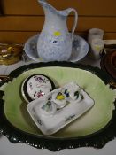 Staffordshire blue & white wash bowl & jug together with part dressing table set