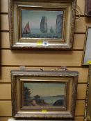 A pair of antique naive school seascapes in original frames