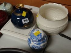 A modern Belleek planter, a Wiltonware gold & blue lustre pot & a blue & white ginger jar
