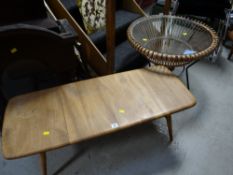 An Ercol-style long-John lightwood coffee table & a circular glass topped coffee table