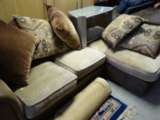 A modern leather & fabric corner sofa with scatter cushions together with a TV stand