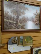 A framed oil on canvas woodland scene & a vintage mirror