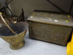 A good brass tavern scene sloped antique coal box together with a brass helmet shaped coal bucket