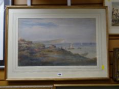 Framed watercolour by FRED MILLER of a figure watching vessels from a cliff top, probably South