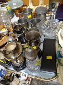 A tray of pewter mugs, various sporting trophies etc