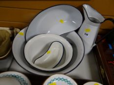 Five items of vintage enamelware including jug, kidney bowls etc