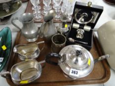 A vintage three-piece EPNS teaset, boxed egg cup & spoon, sugar sifter etc