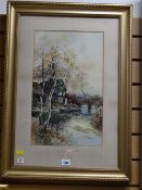 Framed watercolour by NORA HINCHLIFFE of a river scene with cottage & figure