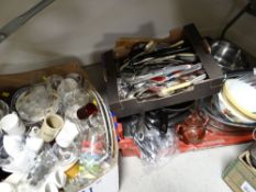 A quantity of kitchen clearance items including cutlery, pans, glassware etc