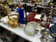 Two Crown Ducal covered tureens, a decorated ceramic kettle, glass lamp shade, EPNS candelabra etc