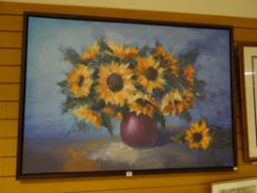 Large framed furnishing print of sunflowers in a vase