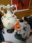 Staffordshire flat back of a soldier & a sailor together with a Staffordshire twin-handled vase