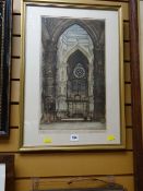 Framed etching of a Gothic continental cathedral
