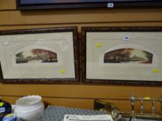 A pair of framed etchings of continental scenes