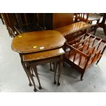 A mahogany Sutherland-type tea table, reproduction magazine rack & a nest of three coffee tables