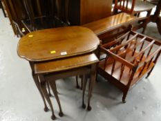 A mahogany Sutherland-type tea table, reproduction magazine rack & a nest of three coffee tables