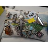 A St Michael's mount souvenir needlework cushion with various costume jewellery etc