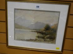Framed watercolour - Scottish scene with lake, indistinctly signed