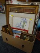A box of various framed watercolours, prints together with a wall mirror etc