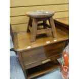 A vintage sewing / work table with lift up top together with a novelty 'cat stool'