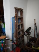 A parcel of vintage tools, garden tools, wooden stepladder etc