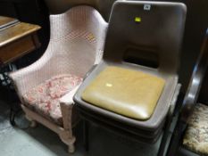 Three retro school classroom-type chairs & a vintage pink loom chair