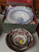 Set of four boxed Chinese blue & white eggshell bowls together with three Famille decorated