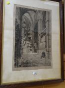 Good antique framed etching by HAIG of a figure in the confounds of a palatial cathedral