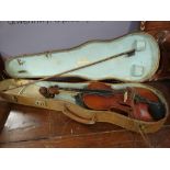 A cased antique violin with internal label for J Thibouville-Lamy & Co, London & Paris with bow (
