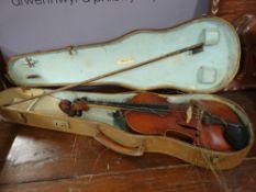 A cased antique violin with internal label for J Thibouville-Lamy & Co, London & Paris with bow (