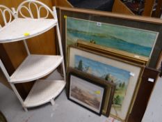 A parcel of mixed frame pictures & a white painted rattan-type shelf