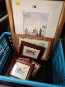 Framed watercolour of Prague & sundry smaller pictures