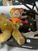 A box of soft toys including vintage teddy bear