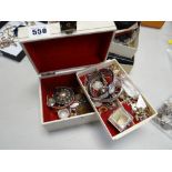 A vintage jewellery box with contents in two layers including coinage & brooches plus boxed EPNS