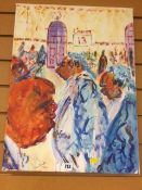 An unframed oil on canvas by NIGEL WATTS - view of figures outside Court 13, The Court of Defamation
