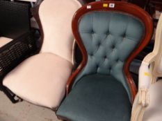 A reproduction buttoned & spoon back chair together with a carved Edwardian spoon back chair