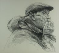 KEITH BOWEN pastel - head and shoulders, hatted farmer whistling his sheep, signed and dated 1992,