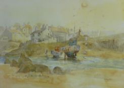 AUDREY HIND coloured limited edition (21/570) print - Cemaes Bay Harbour with beached boats,