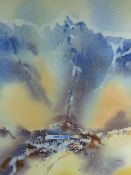 JOHN MORRIS watercolour - expansive Snowdonia watercolour with farmstead, signed and with title