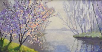 RALPH SPILLER oil on board - Continental wetland view with blossoming trees, entitled verso '