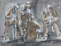 WILLIAM SELWYN watercolour and colourwash - four railwaymen at work, signed, 28.5 x 39.5 cms