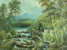 ALFRED WORTHINGTON oil on board - Welsh river and mill scene with mountain backdrop, signed, 58 x 75