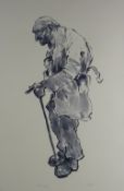 SIR KYFFIN WILLIAMS RA colour wash limited edition (78/750) print - old farmer with stick, signed