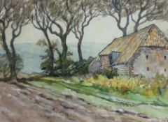 DONALD McINTYRE early watercolour - old barn and trees by a track, signed with initials, 24 x 35