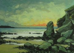 WILF ROBERTS coloured artist's proof print - sunset over Northern Anglesey coast with