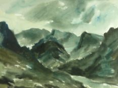 SIR KYFFIN WILLIAMS RA colour wash - stormy Nant Ffrancon, signed with initials, 36 x 55cms